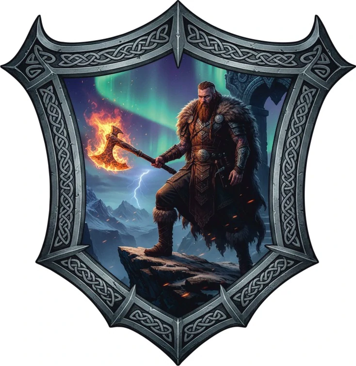 samolepka vikingský válečník s ohnivou sekerou