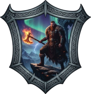 samolepka vikingský válečník s ohnivou sekerou